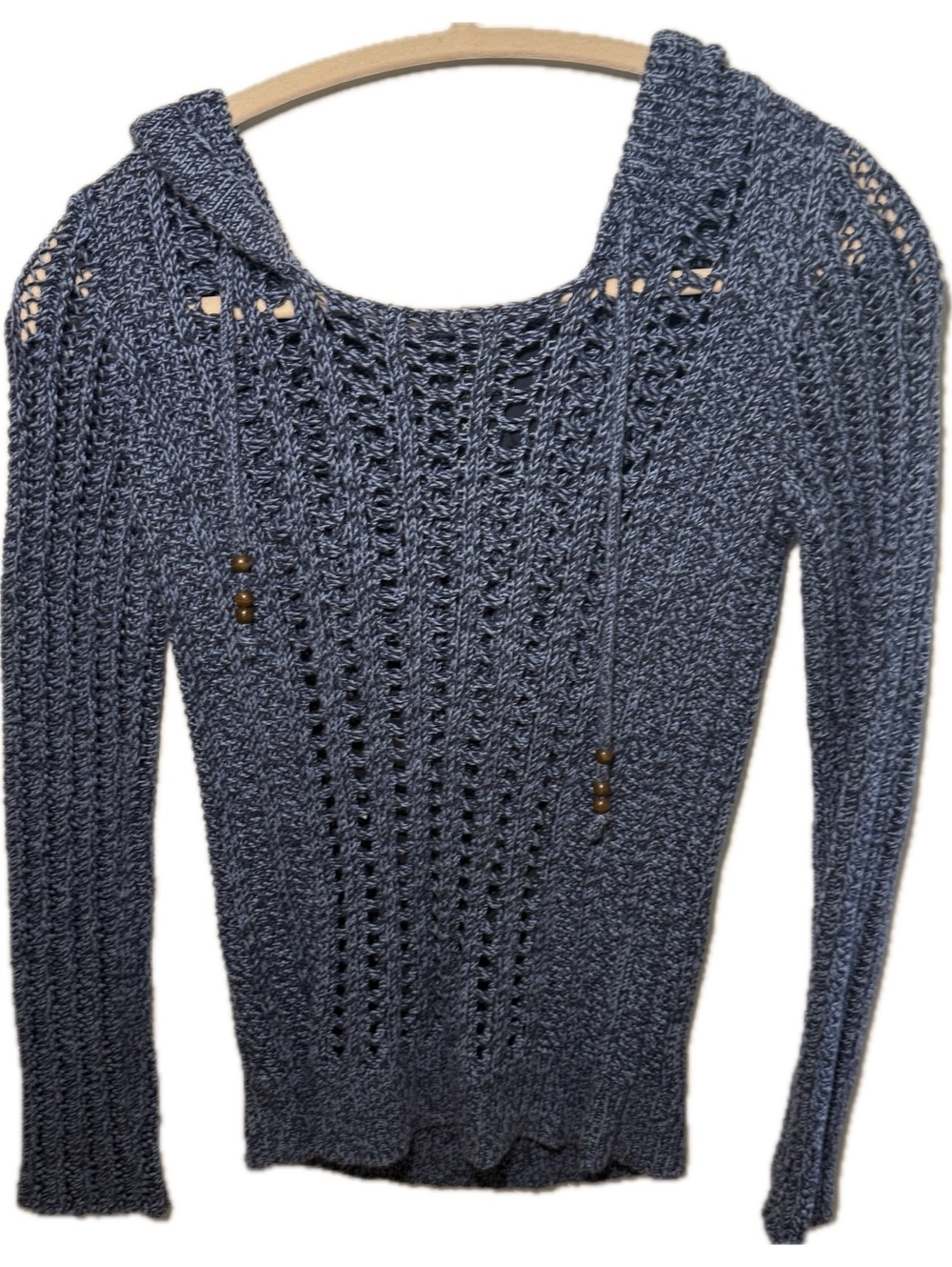 American Eagle Women’s XS Blue Marled Crochet Knit Hooded Sweater Y2K Boho